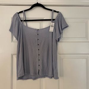 American Eagle off the shoulder blue and white striped shirt